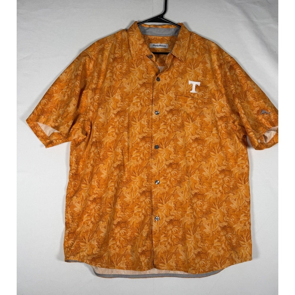 EUC Tommy Bahama Polo Shirt Men Large Orange Floral Tennessee Vols Hawaiian Silk